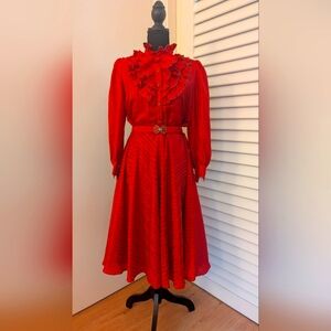 Vintage Japanese Elegant Red Ruffled Dress With Belt